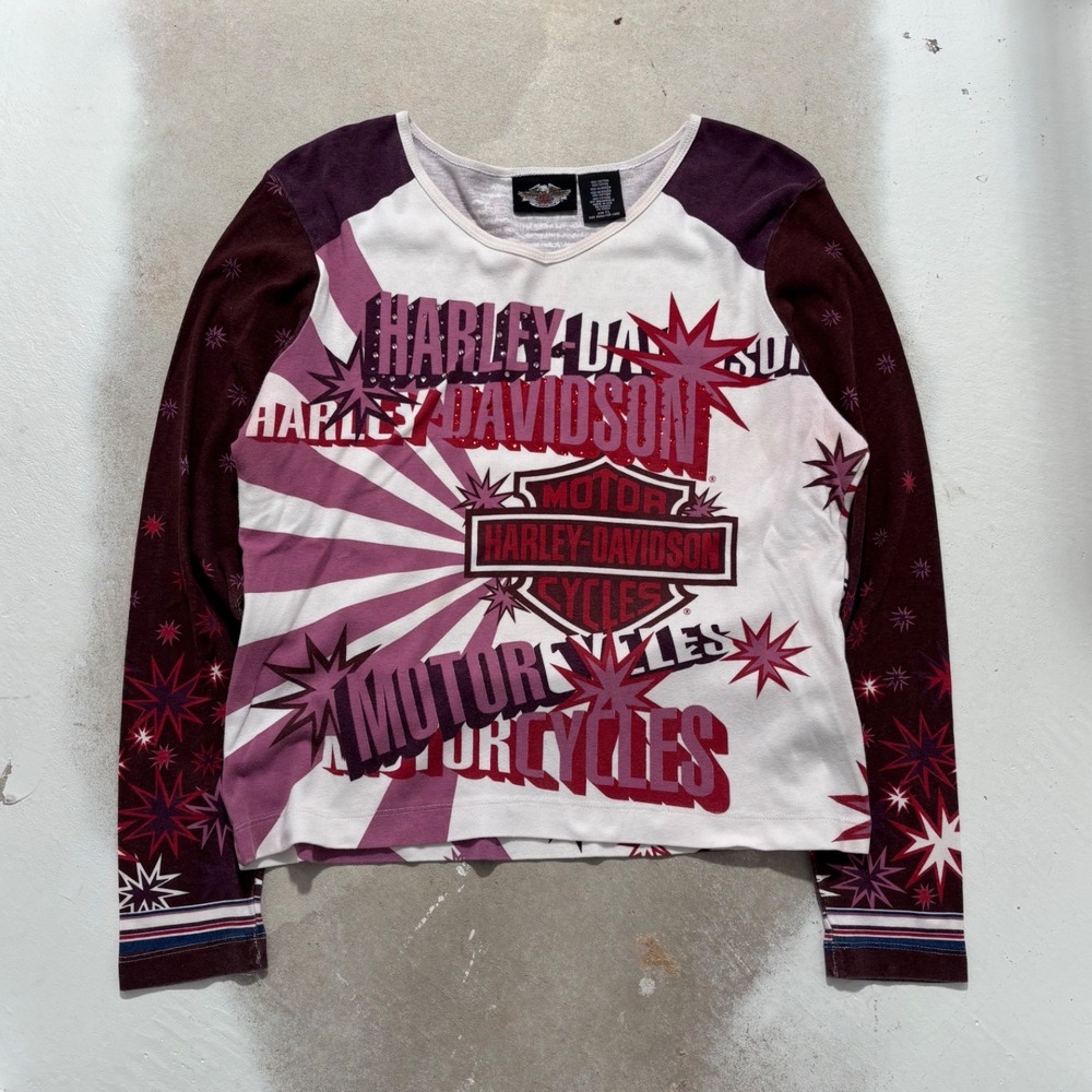 Harley Davidson Womens XL Long Sleeve Graphic Tee Starburst 03 Purple White USA